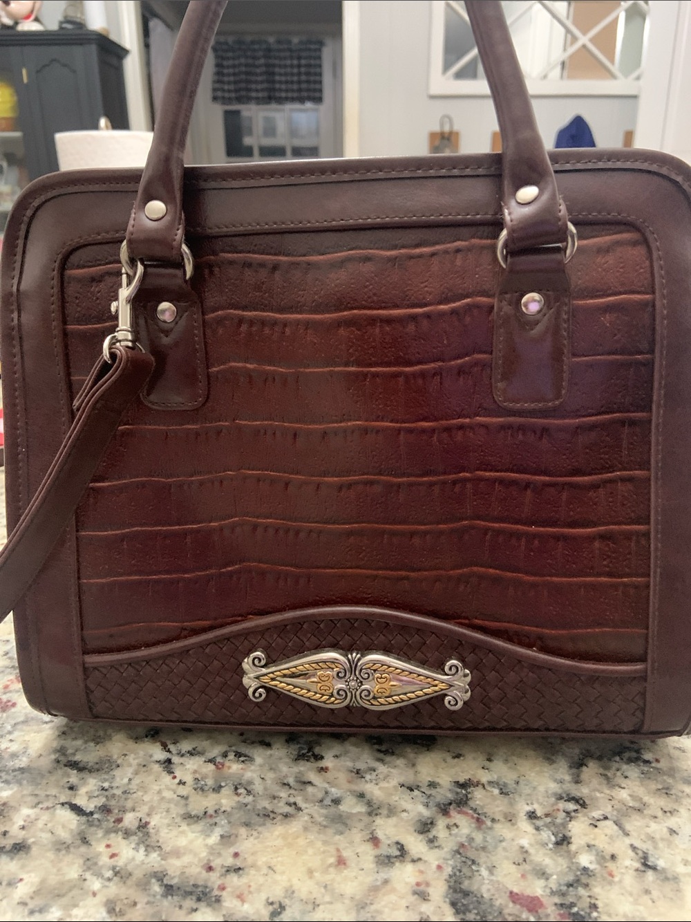 Marlo Handbag Structured Croc-Embossed Satchel in Deep Brown